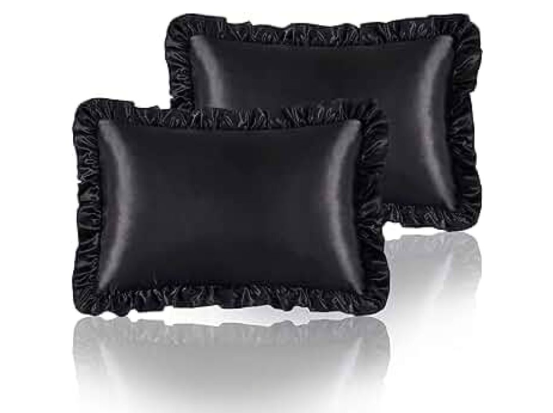 Silky Satin Ruffled Pillow Cases for Hair and Skin,Black Silk Pillowcases Queen Set of 2 with Envelope Closure Princess Room Decoration