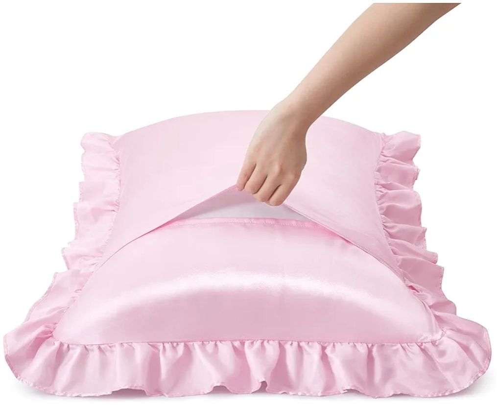 Silky Satin Ruffled Pillow Cases for Hair and Skin,Black Silk Pillowcases Queen Set of 2 with Envelope Closure Princess Room Decoration