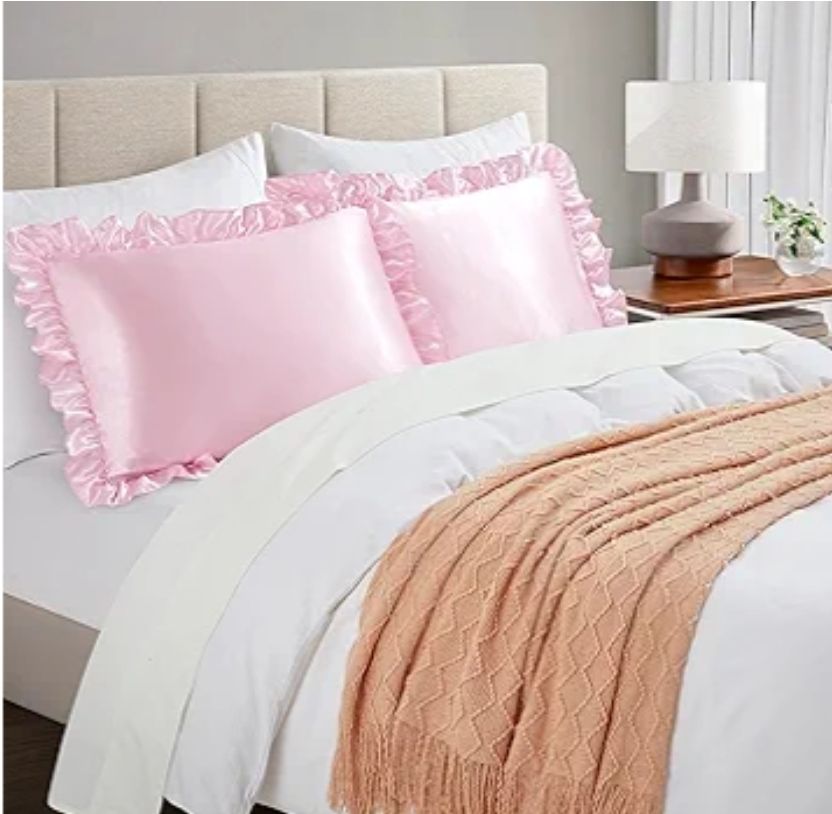 Silky Satin Ruffled Pillow Cases for Hair and Skin,Black Silk Pillowcases Queen Set of 2 with Envelope Closure Princess Room Decoration