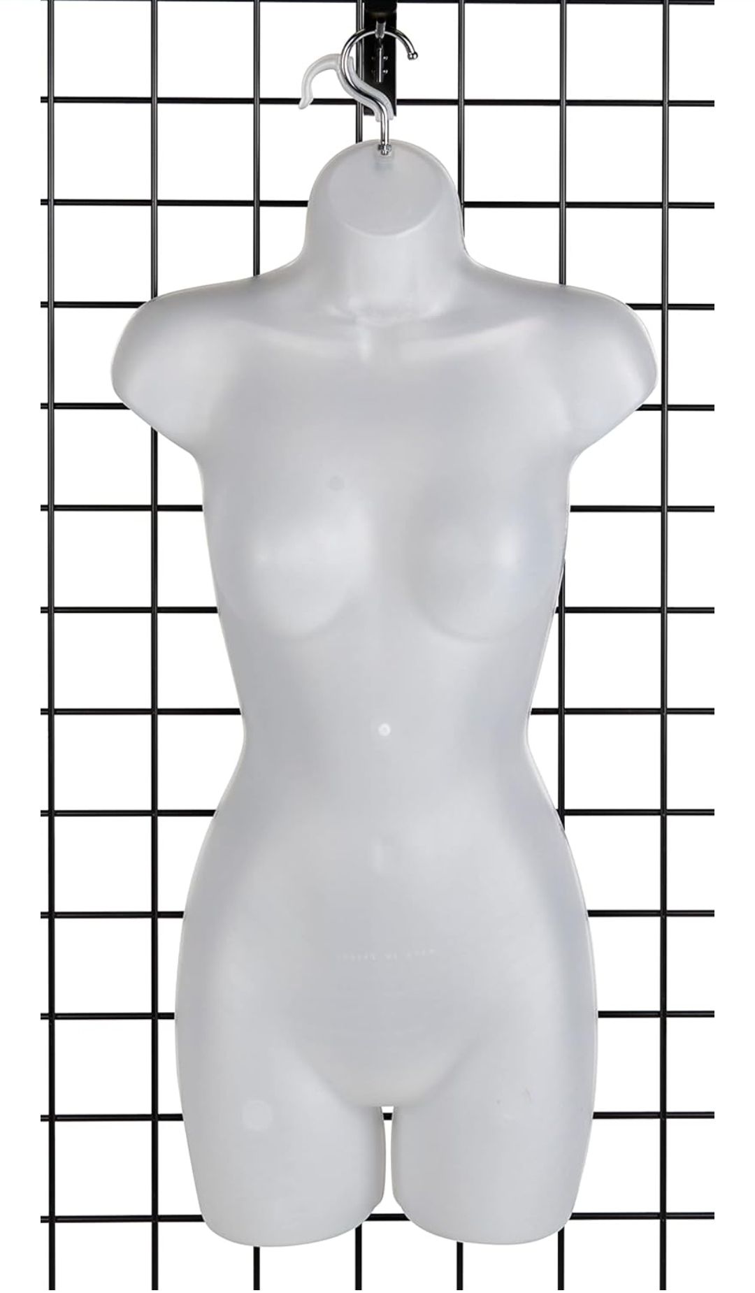 Female Molded Shatterproof Frosted Shapely Torso Form with Hook - Fits Women’s Sizes 5-10 - Hanging Fashion Form Mannequin to Display Top and Bottom Merchandise