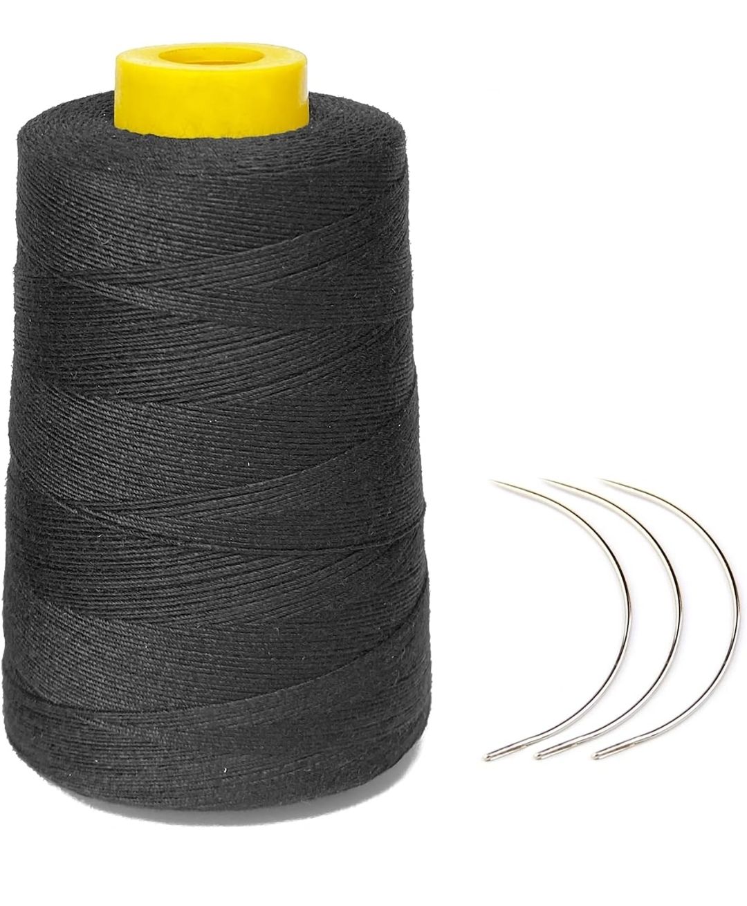 Thick Thread for Sewing Hair, Black Weaving Thread Polyester Thread for Making Wig, Hair Extension Sewing Thread with 3 Pcs Curved Needles