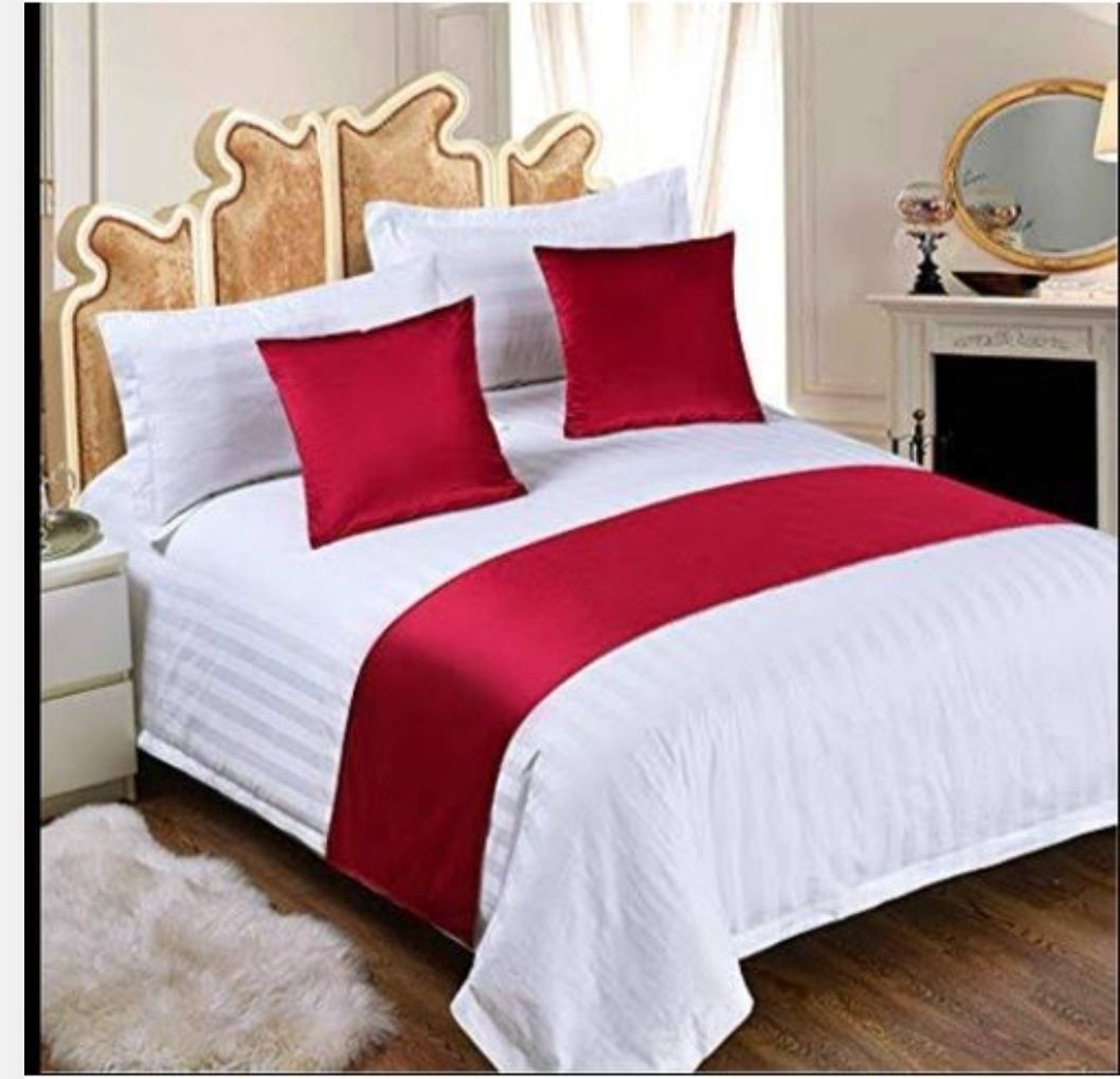 Satin Bed Runners With 2 Pieces Of Matching Cushion Covers-Size:King Size