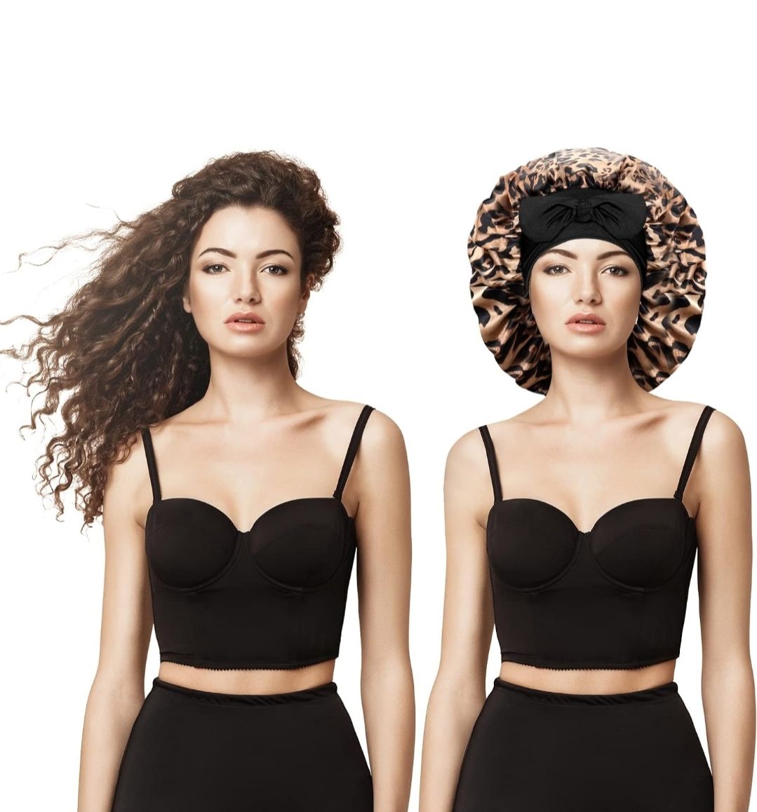 Satin Silk Bonnet for Women - Large Sleep Cap with Tie Band for Curly Dreadlock Braid Hair Care (Leopard)