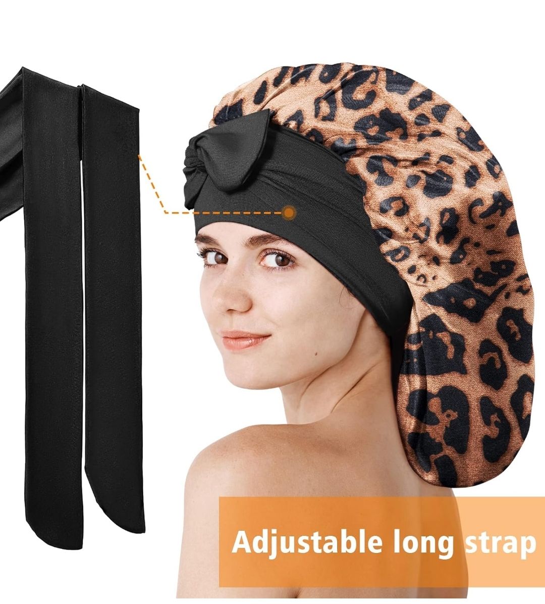 Satin Silk Bonnet for Women - Large Sleep Cap with Tie Band for Curly Dreadlock Braid Hair Care (Leopard)