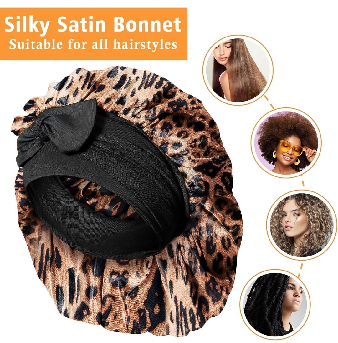 Satin Silk Bonnet for Women - Large Sleep Cap with Tie Band for Curly Dreadlock Braid Hair Care (Leopard)
