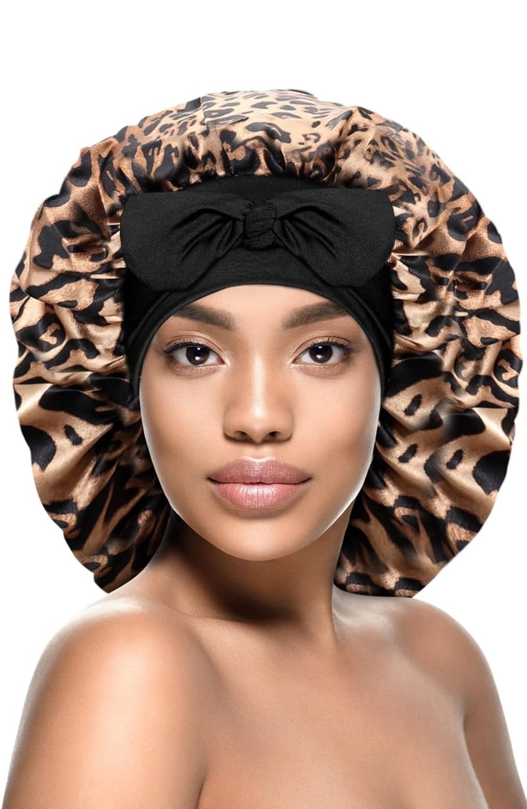 Satin Silk Bonnet for Women - Large Sleep Cap with Tie Band for Curly Dreadlock Braid Hair Care (Leopard)