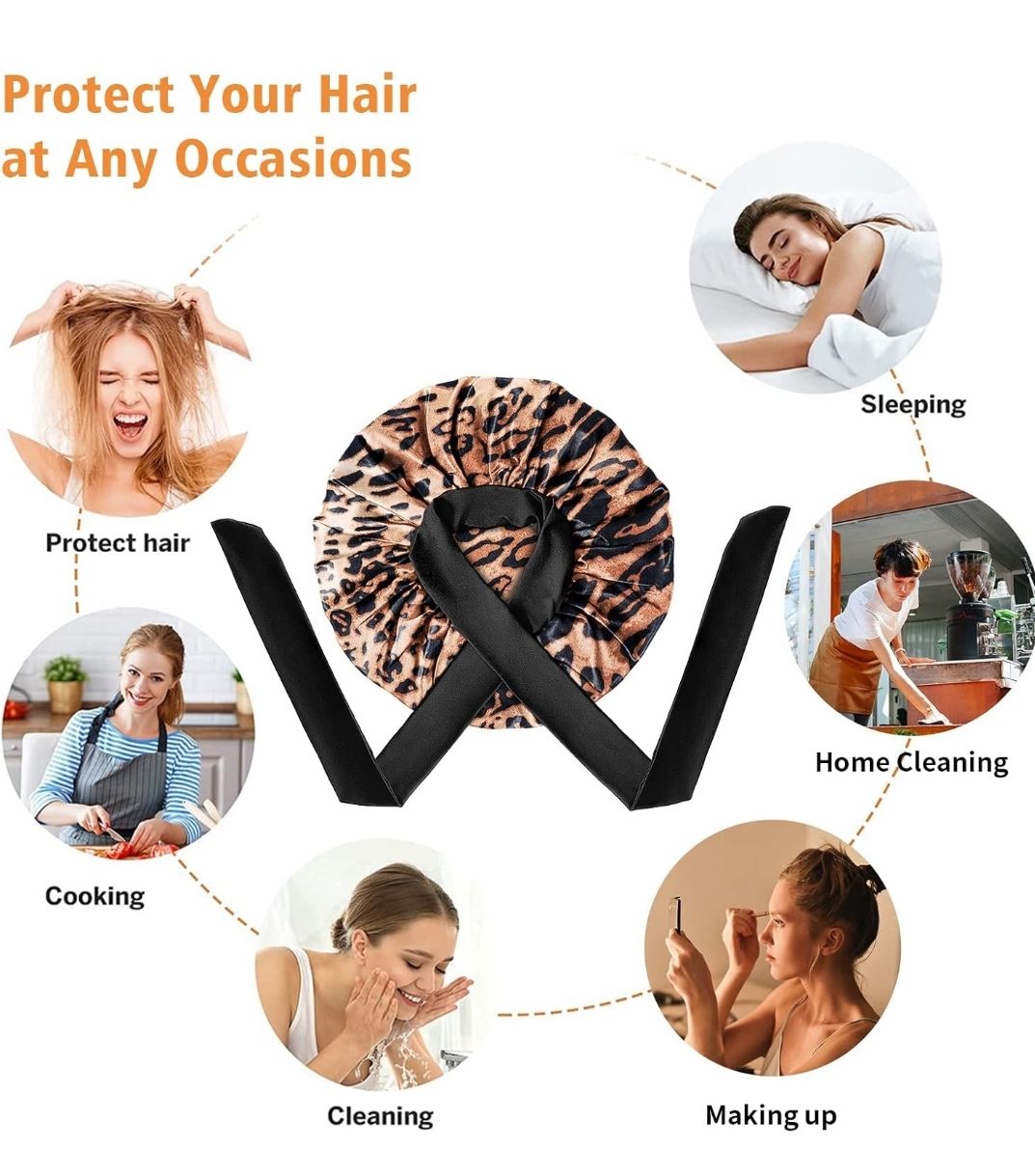 Satin Silk Bonnet for Women - Large Sleep Cap with Tie Band for Curly Dreadlock Braid Hair Care (Leopard)