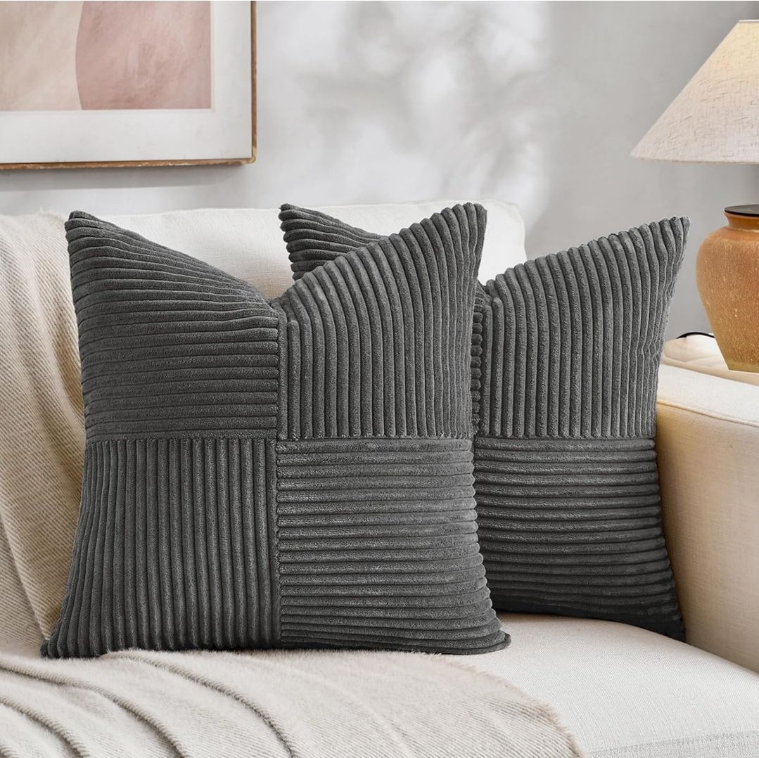 2 Packs Neutral Taupe Decorative Throw Pillow Covers 18x18 Inch for Living Room Couch Sofa, Rustic Farmhouse Boho Home Decor, Soft Corss Corduroy Patchwork Textured Square Cushion Case 45cm