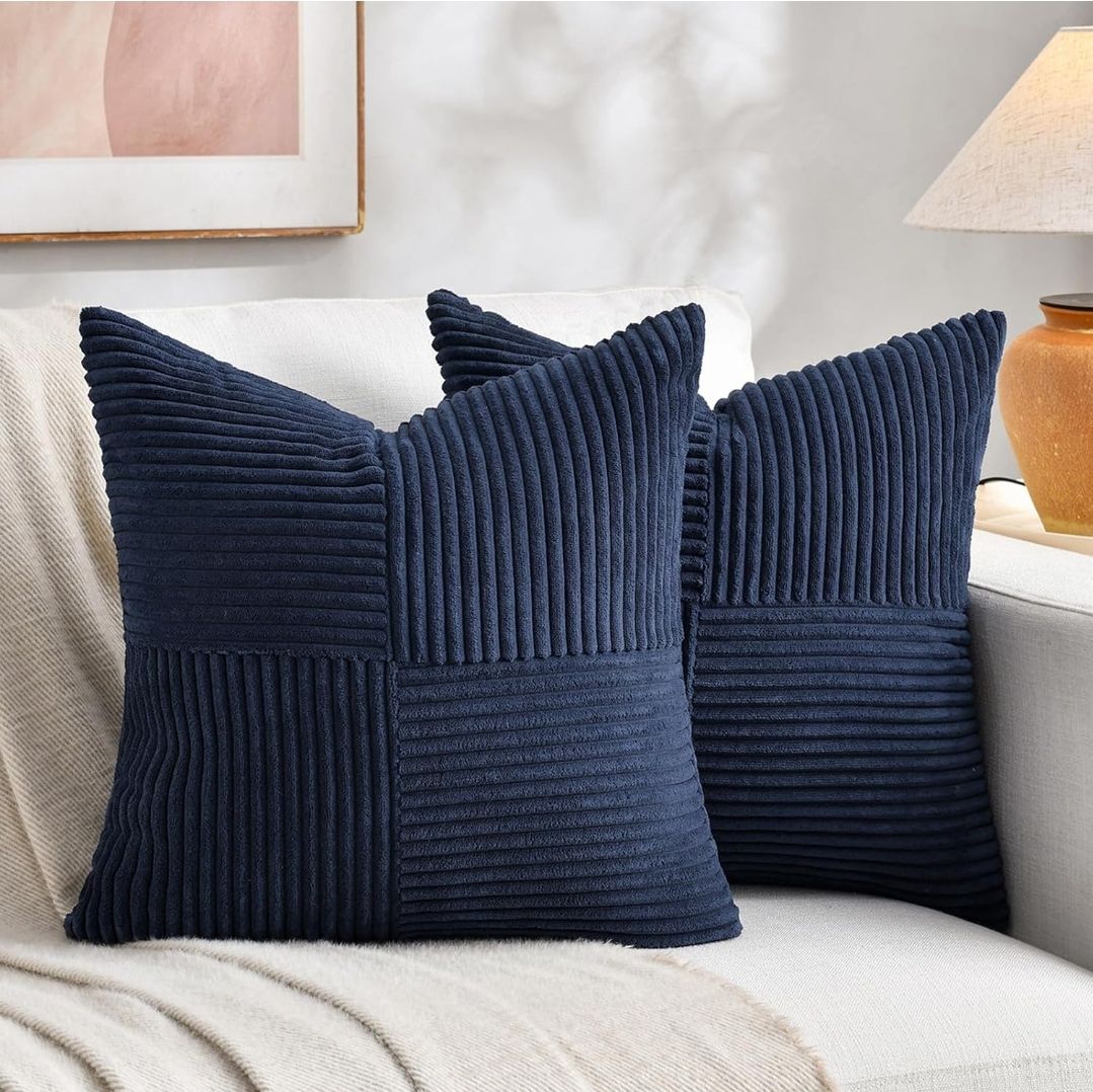 2 Packs Neutral Taupe Decorative Throw Pillow Covers 18x18 Inch for Living Room Couch Sofa, Rustic Farmhouse Boho Home Decor, Soft Corss Corduroy Patchwork Textured Square Cushion Case 45cm