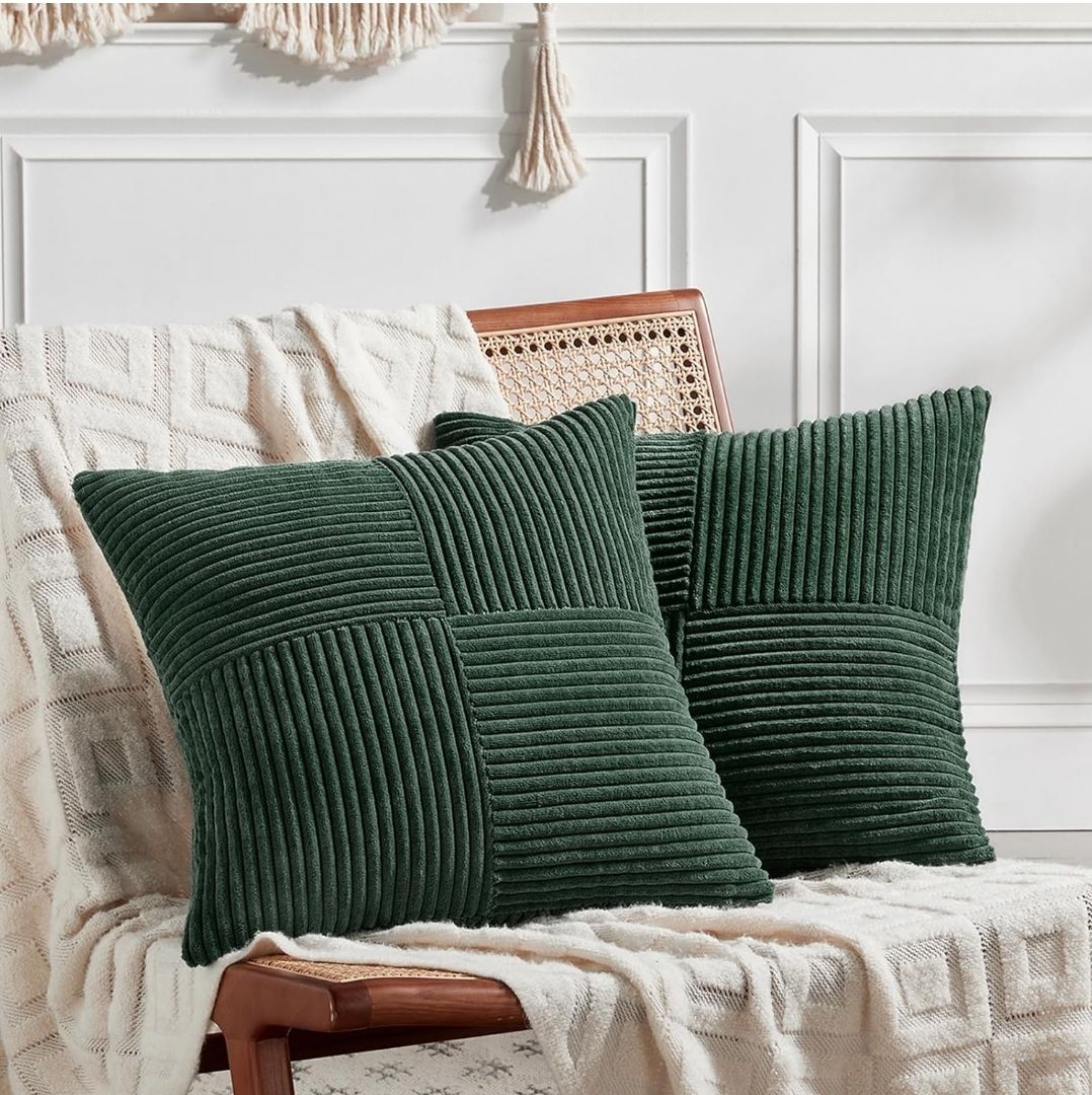 2 Packs Neutral Taupe Decorative Throw Pillow Covers 18x18 Inch for Living Room Couch Sofa, Rustic Farmhouse Boho Home Decor, Soft Corss Corduroy Patchwork Textured Square Cushion Case 45cm