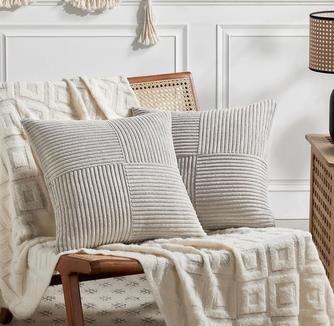 2 Packs Neutral Taupe Decorative Throw Pillow Covers 18x18 Inch for Living Room Couch Sofa, Rustic Farmhouse Boho Home Decor, Soft Corss Corduroy Patchwork Textured Square Cushion Case 45cm