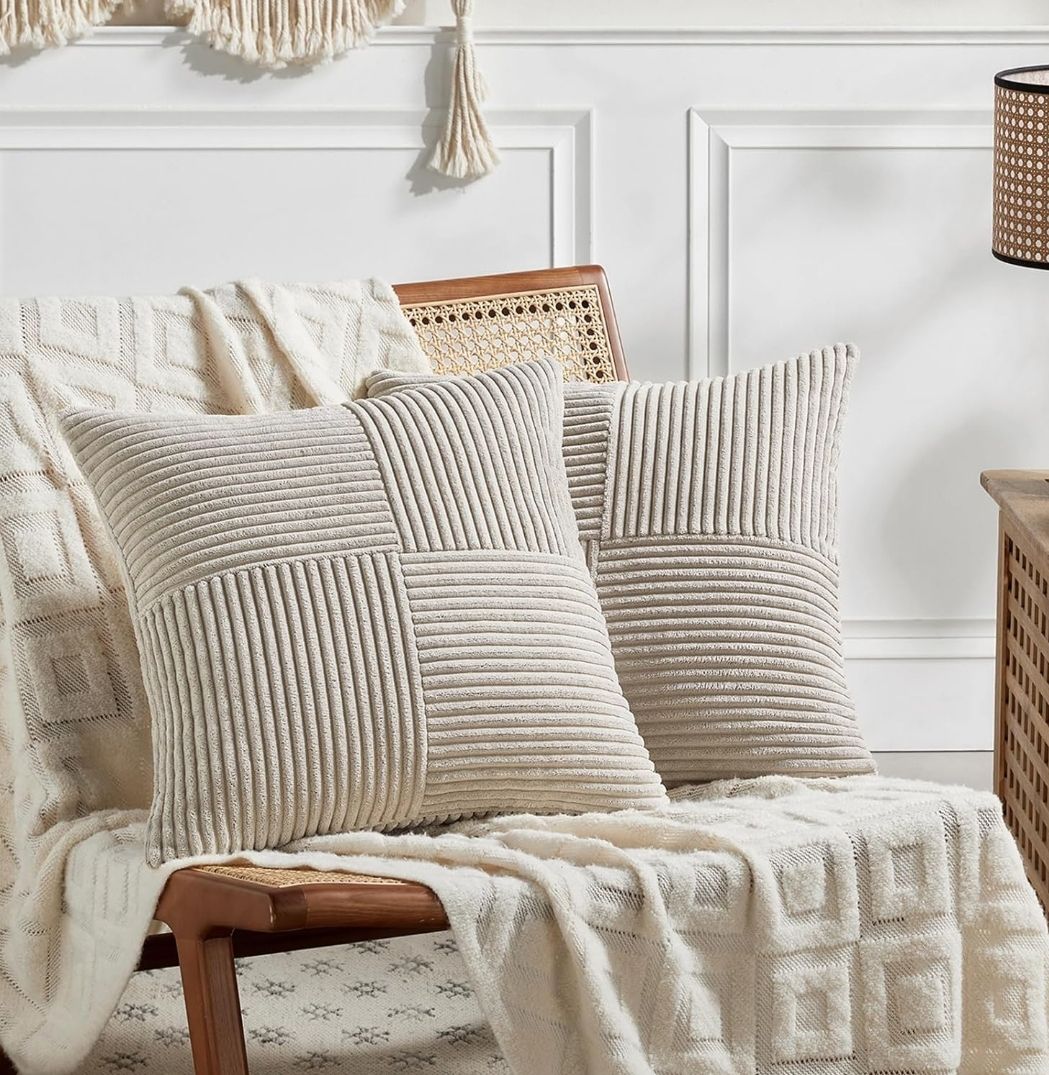 2 Packs Neutral Taupe Decorative Throw Pillow Covers 18x18 Inch for Living Room Couch Sofa, Rustic Farmhouse Boho Home Decor, Soft Corss Corduroy Patchwork Textured Square Cushion Case 45cm
