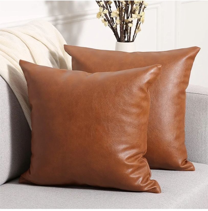 Set of 2 Faux Leather Decorative Throw Pillow Covers Modern Solid Outdoor Cushion Cases Luxury Pillowcases for Couch Sofa Bed 18x18 Inches Brown