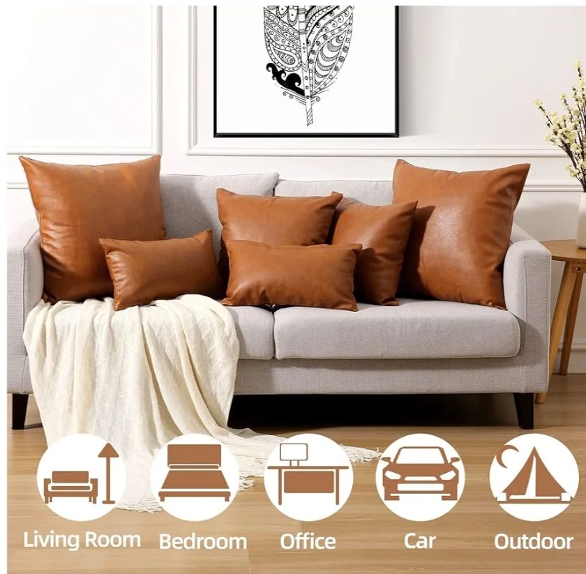 Set of 2 Faux Leather Decorative Throw Pillow Covers Modern Solid Outdoor Cushion Cases Luxury Pillowcases for Couch Sofa Bed 18x18 Inches Brown
