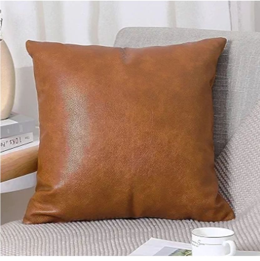 Set of 2 Faux Leather Decorative Throw Pillow Covers Modern Solid Outdoor Cushion Cases Luxury Pillowcases for Couch Sofa Bed 18x18 Inches Brown