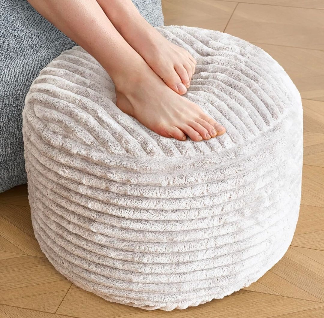 Stuffed Round Pouf Ottoman,Corduroy Foot Rest with Shredded Foam Filling, Lightweight and Fluffy Pouf Storage Ottoman for Living Room,Floor Poufs for Couch,20"x 17"