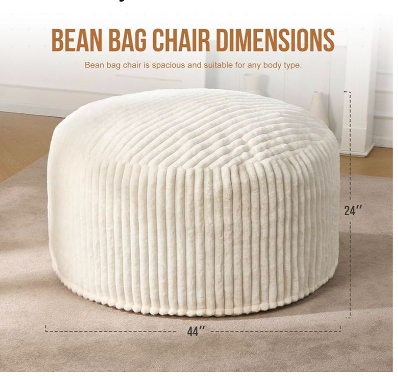 4ft Bean Bag Chairs for Adults Large Beanbag Chair with Dutch Corded Plush Cover Big Bean Bag Chair for Living Room Bedroom Dorm Office - Grey (44" x 44" x 24")