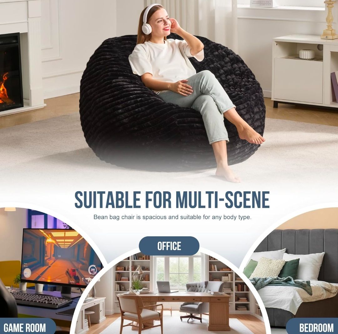 4ft Bean Bag Chairs for Adults Large Beanbag Chair with Dutch Corded Plush Cover Big Bean Bag Chair for Living Room Bedroom Dorm Office - Grey (44" x 44" x 24")