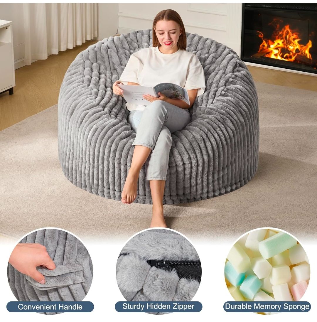 4ft Bean Bag Chairs for Adults Large Beanbag Chair with Dutch Corded Plush Cover Big Bean Bag Chair for Living Room Bedroom Dorm Office - Grey (44" x 44" x 24")