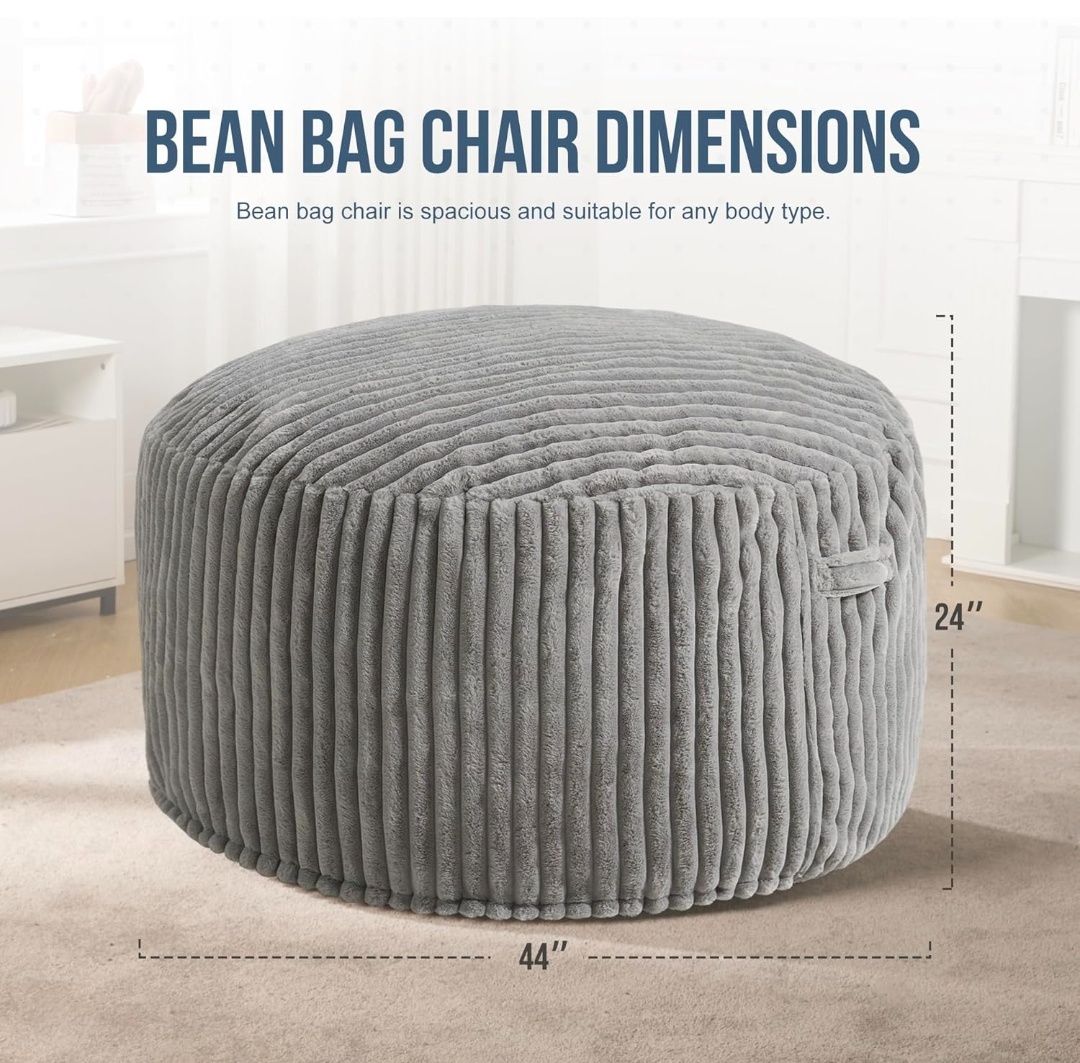 4ft Bean Bag Chairs for Adults Large Beanbag Chair with Dutch Corded Plush Cover Big Bean Bag Chair for Living Room Bedroom Dorm Office - Grey (44" x 44" x 24")