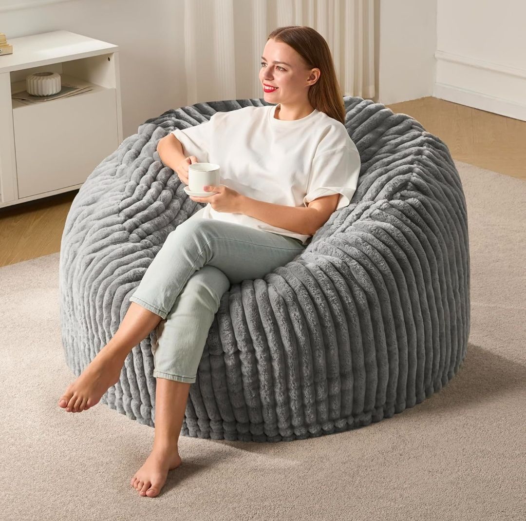 4ft Bean Bag Chairs for Adults Large Beanbag Chair with Dutch Corded Plush Cover Big Bean Bag Chair for Living Room Bedroom Dorm Office - Grey (44" x 44" x 24")