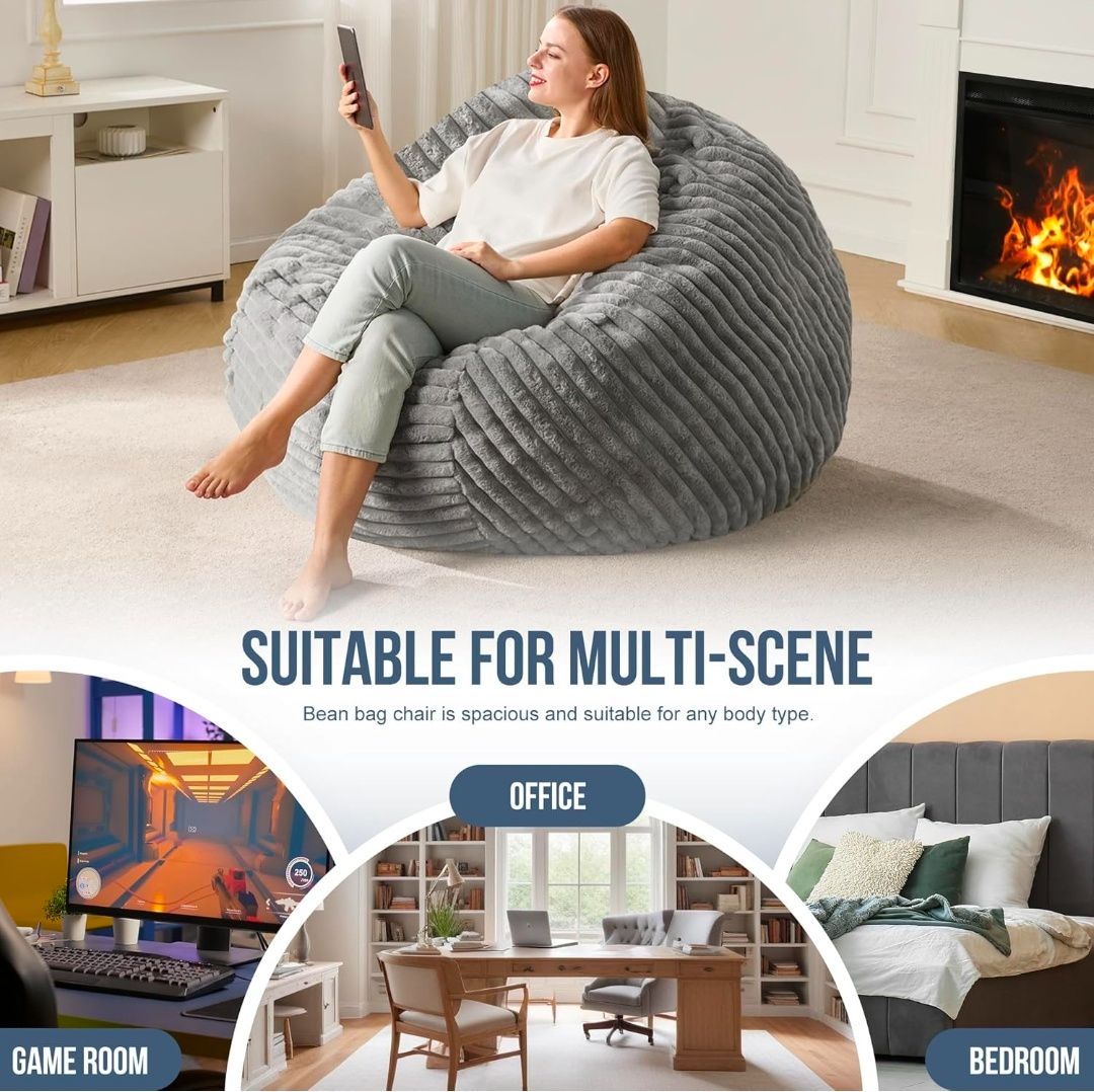 4ft Bean Bag Chairs for Adults Large Beanbag Chair with Dutch Corded Plush Cover Big Bean Bag Chair for Living Room Bedroom Dorm Office - Grey (44" x 44" x 24")