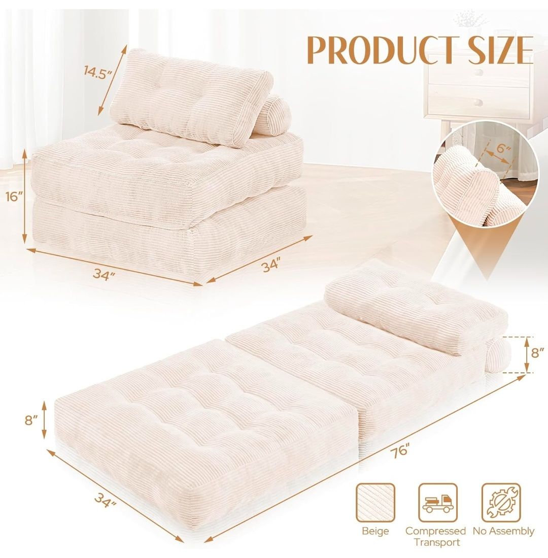 Folding Sofa Bed, Convertible Sleeper Chair Bed w/Dual-Pillow & Handle, Foldable Floor Sofa Lounge w/Back Support for Living Room, Bedroom, Apartment, Office, Single