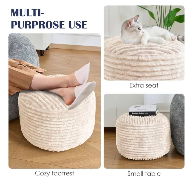 Stuffed Round Pouf Ottoman,Corduroy Foot Rest with Shredded Foam Filling, Lightweight and Fluffy Pouf Storage Ottoman for Living Room,Floor Poufs for Couch,20"x 17"