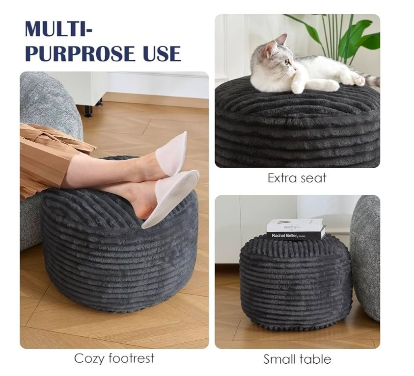 Stuffed Round Pouf Ottoman,Corduroy Foot Rest with Shredded Foam Filling, Lightweight and Fluffy Pouf Storage Ottoman for Living Room,Floor Poufs for Couch,20"x 17"