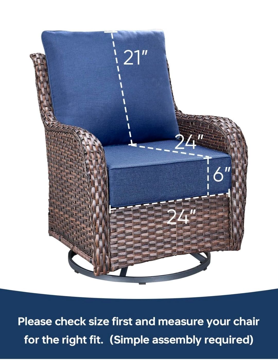 24x24x6 Inch Outdoor Cushions - Water&UV&Fade Resistant 1 Set Zippered Patio Chair Back&Seat Cushion for Wicker Dining Rocking Swivel Chairs Loveseat Couch Sectional Sofa