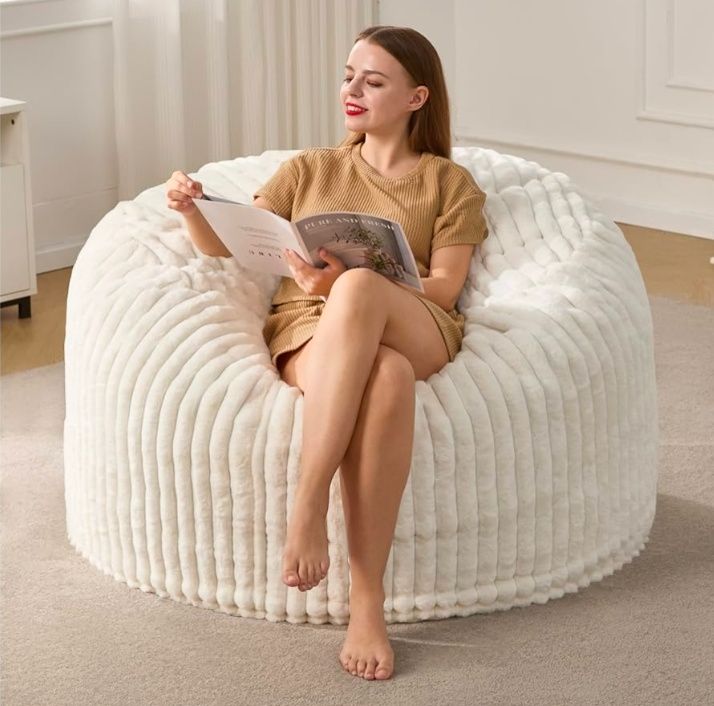 4ft Bean Bag Chairs for Adults Large Beanbag Chair with Dutch Corded Plush Cover Big Bean Bag Chair for Living Room Bedroom Dorm Office - White (42" x 42" x 24")