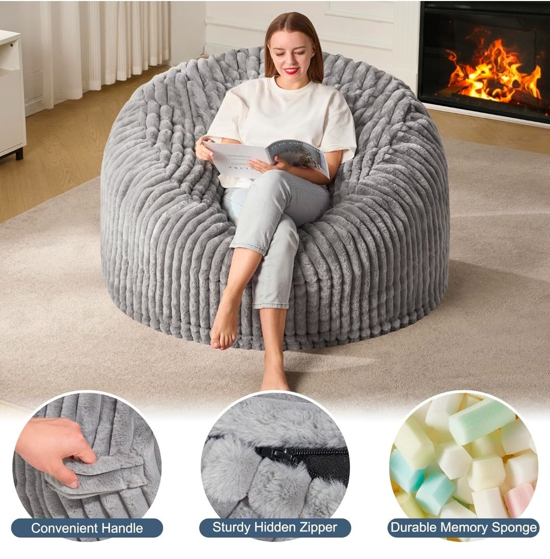 4ft Bean Bag Chairs for Adults Large Beanbag Chair with Dutch Corded Plush Cover Big Bean Bag Chair for Living Room Bedroom Dorm Office - White (42" x 42" x 24")