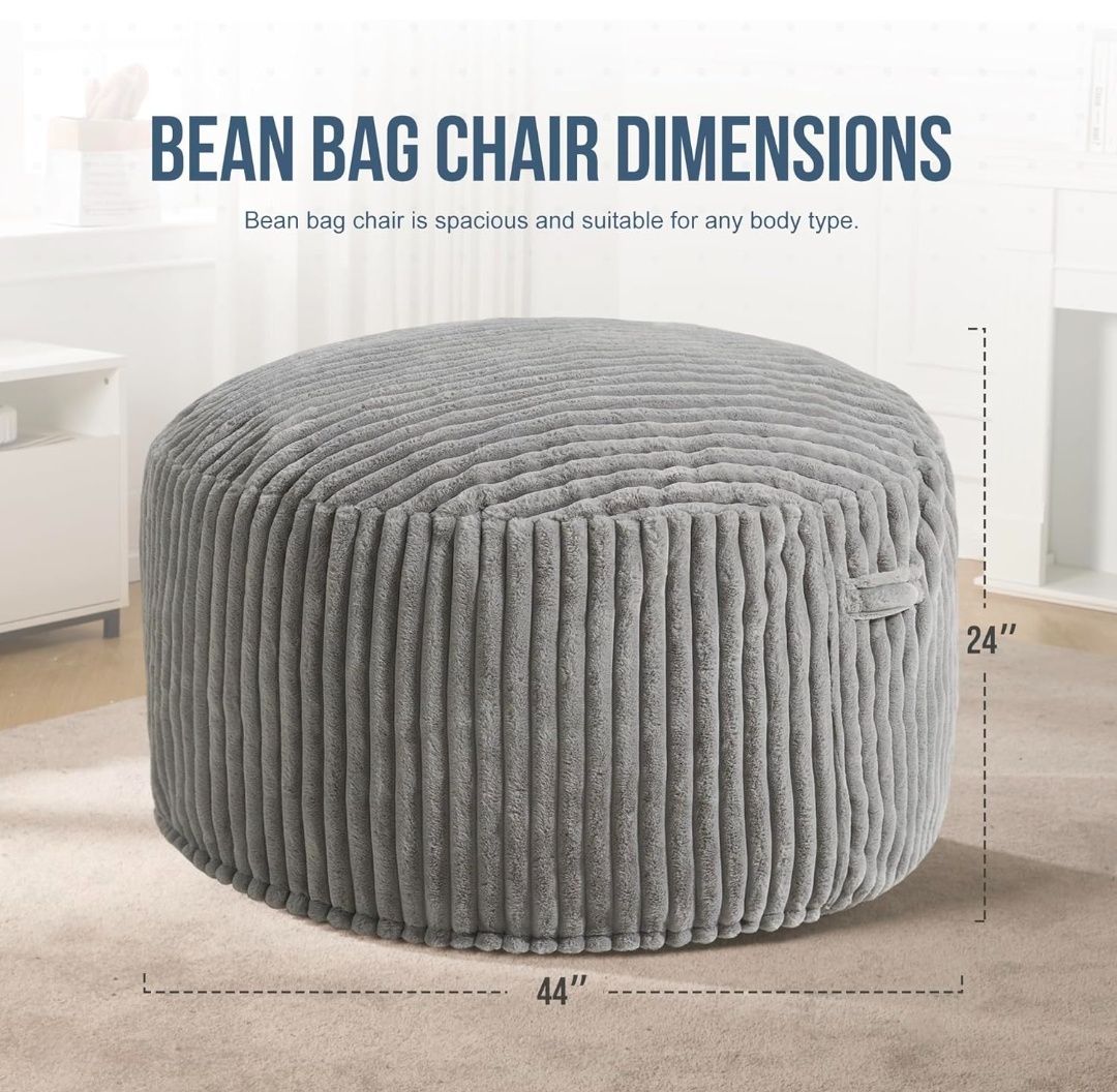 4ft Bean Bag Chairs for Adults Large Beanbag Chair with Dutch Corded Plush Cover Big Bean Bag Chair for Living Room Bedroom Dorm Office - White (42" x 42" x 24")