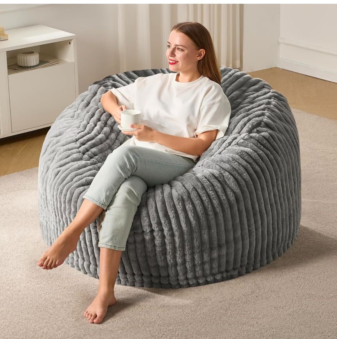 4ft Bean Bag Chairs for Adults Large Beanbag Chair with Dutch Corded Plush Cover Big Bean Bag Chair for Living Room Bedroom Dorm Office - White (42" x 42" x 24")