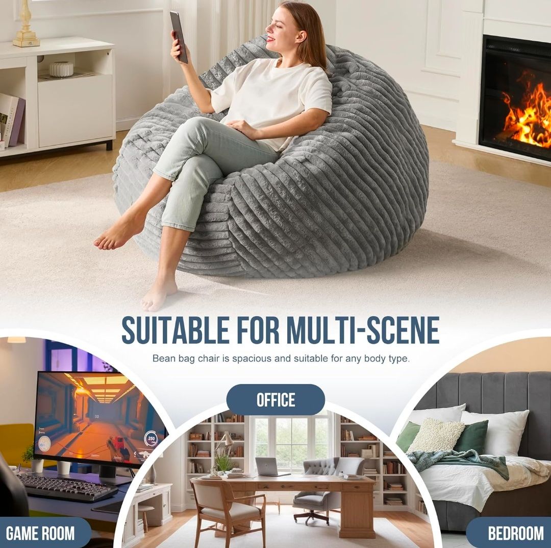 4ft Bean Bag Chairs for Adults Large Beanbag Chair with Dutch Corded Plush Cover Big Bean Bag Chair for Living Room Bedroom Dorm Office - White (42" x 42" x 24")