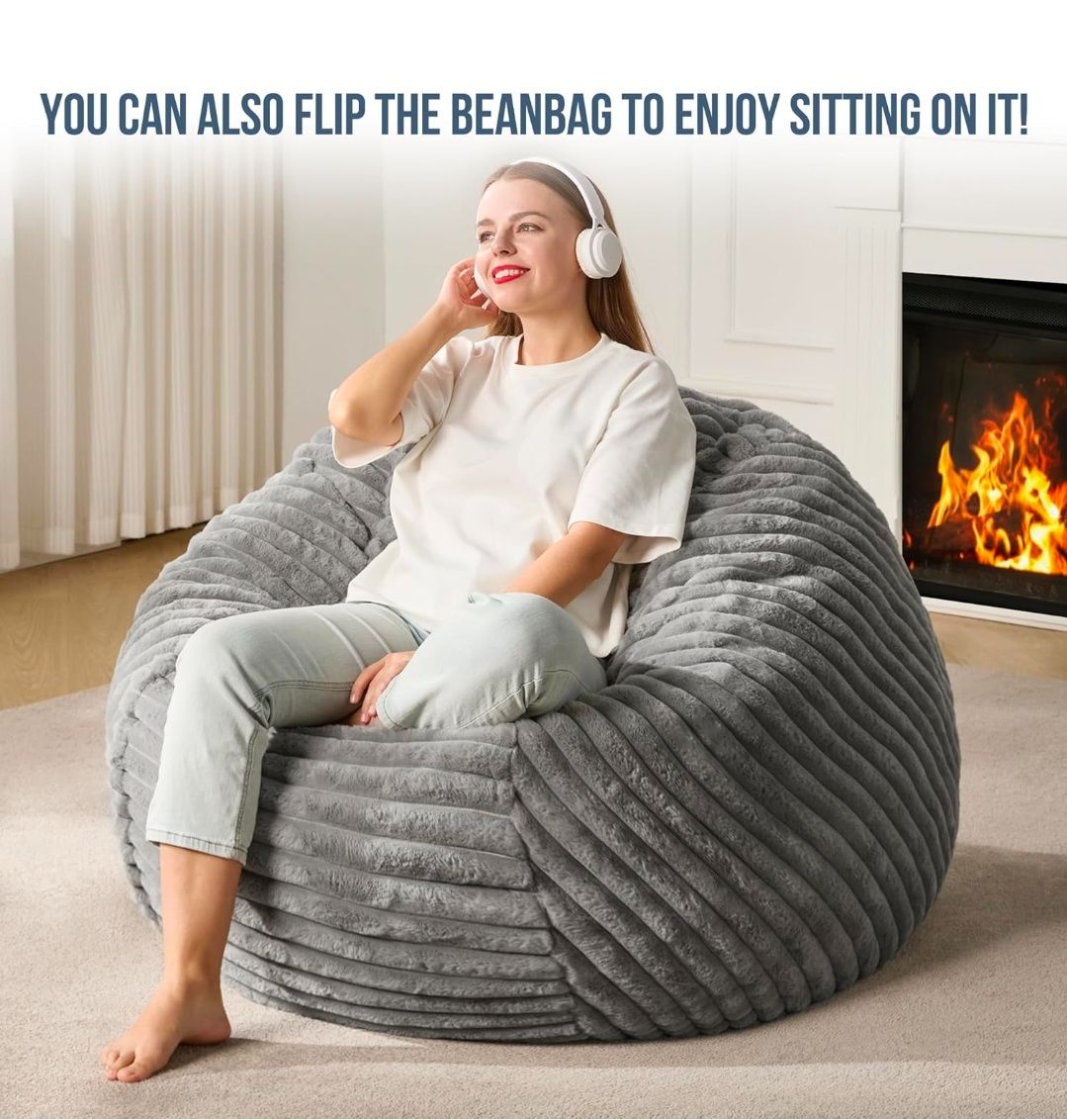 4ft Bean Bag Chairs for Adults Large Beanbag Chair with Dutch Corded Plush Cover Big Bean Bag Chair for Living Room Bedroom Dorm Office - White (42" x 42" x 24")