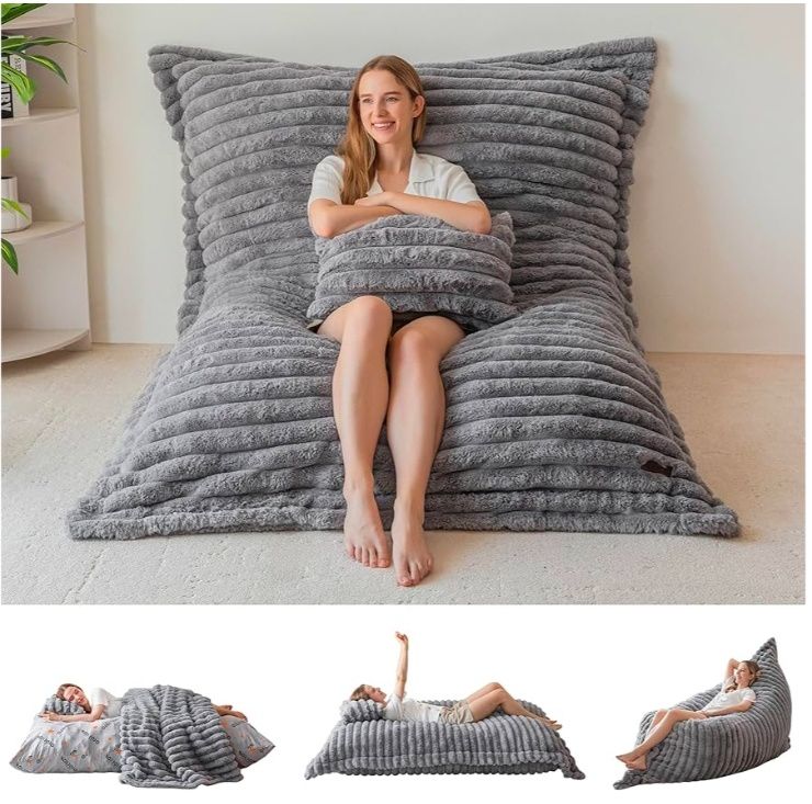 Giant Bean Bag Chair with Pillow, 3 in 1 Convertible Bean Bag Chair for Adults with Removable Cover, Floor Cushion Stuffed Floor Lounger for Living Room Bedroom