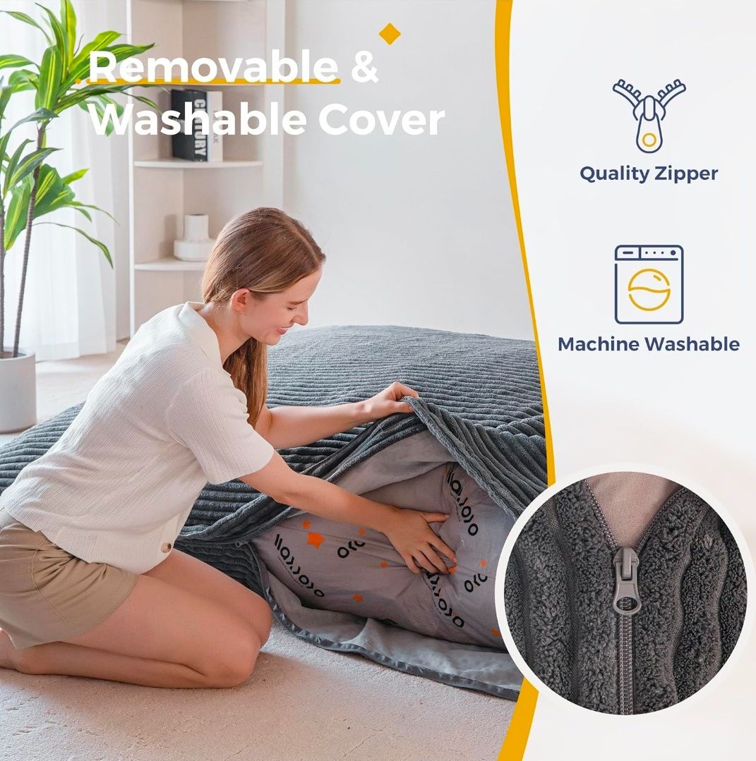 Giant Bean Bag Chair with Pillow, 3 in 1 Convertible Bean Bag Chair for Adults with Removable Cover, Floor Cushion Stuffed Floor Lounger for Living Room Bedroom