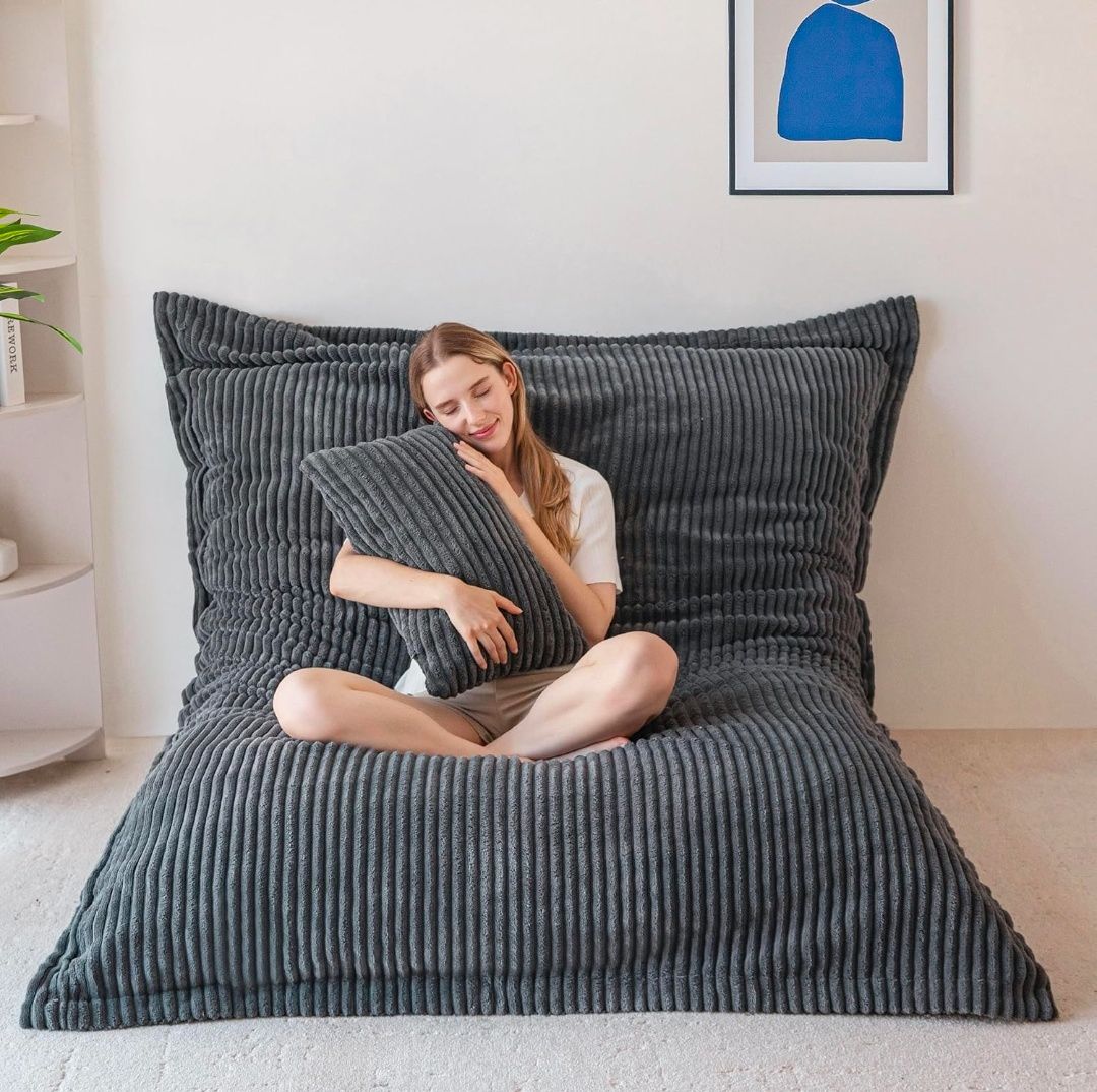 Giant Bean Bag Chair with Pillow, 3 in 1 Convertible Bean Bag Chair for Adults with Removable Cover, Floor Cushion Stuffed Floor Lounger for Living Room Bedroom
