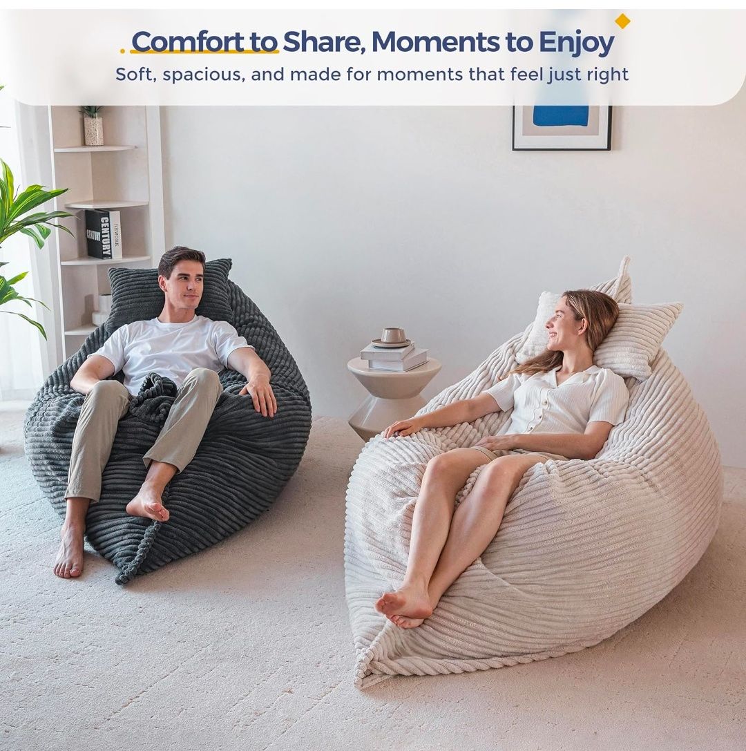 Giant Bean Bag Chair with Pillow, 3 in 1 Convertible Bean Bag Chair for Adults with Removable Cover, Floor Cushion Stuffed Floor Lounger for Living Room Bedroom