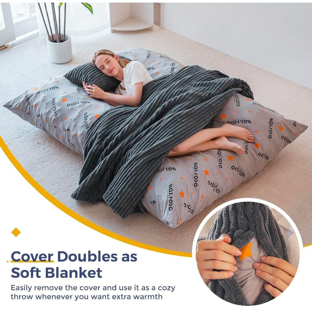 Giant Bean Bag Chair with Pillow, 3 in 1 Convertible Bean Bag Chair for Adults with Removable Cover, Floor Cushion Stuffed Floor Lounger for Living Room Bedroom