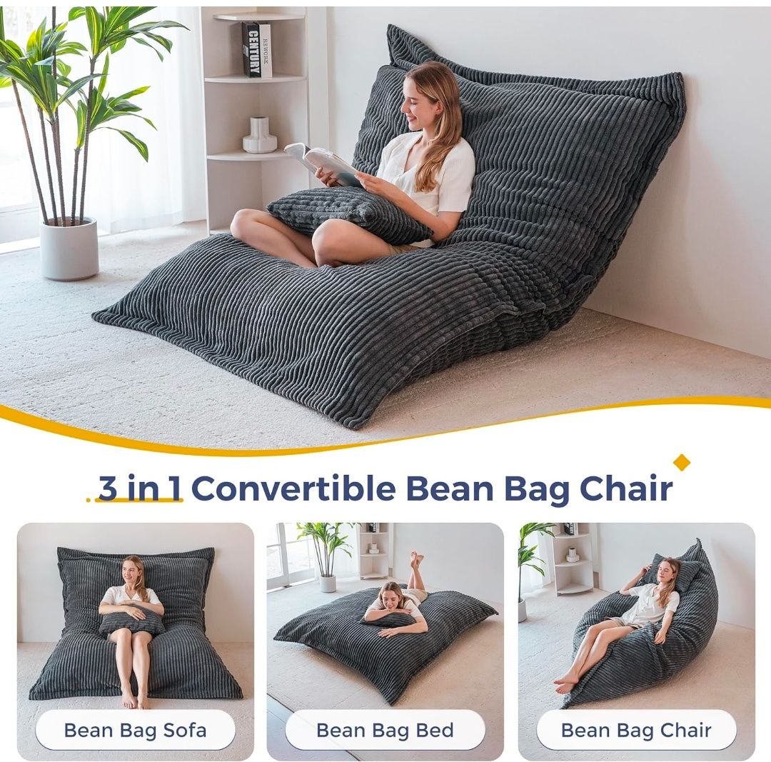 Giant Bean Bag Chair with Pillow, 3 in 1 Convertible Bean Bag Chair for Adults with Removable Cover, Floor Cushion Stuffed Floor Lounger for Living Room Bedroom