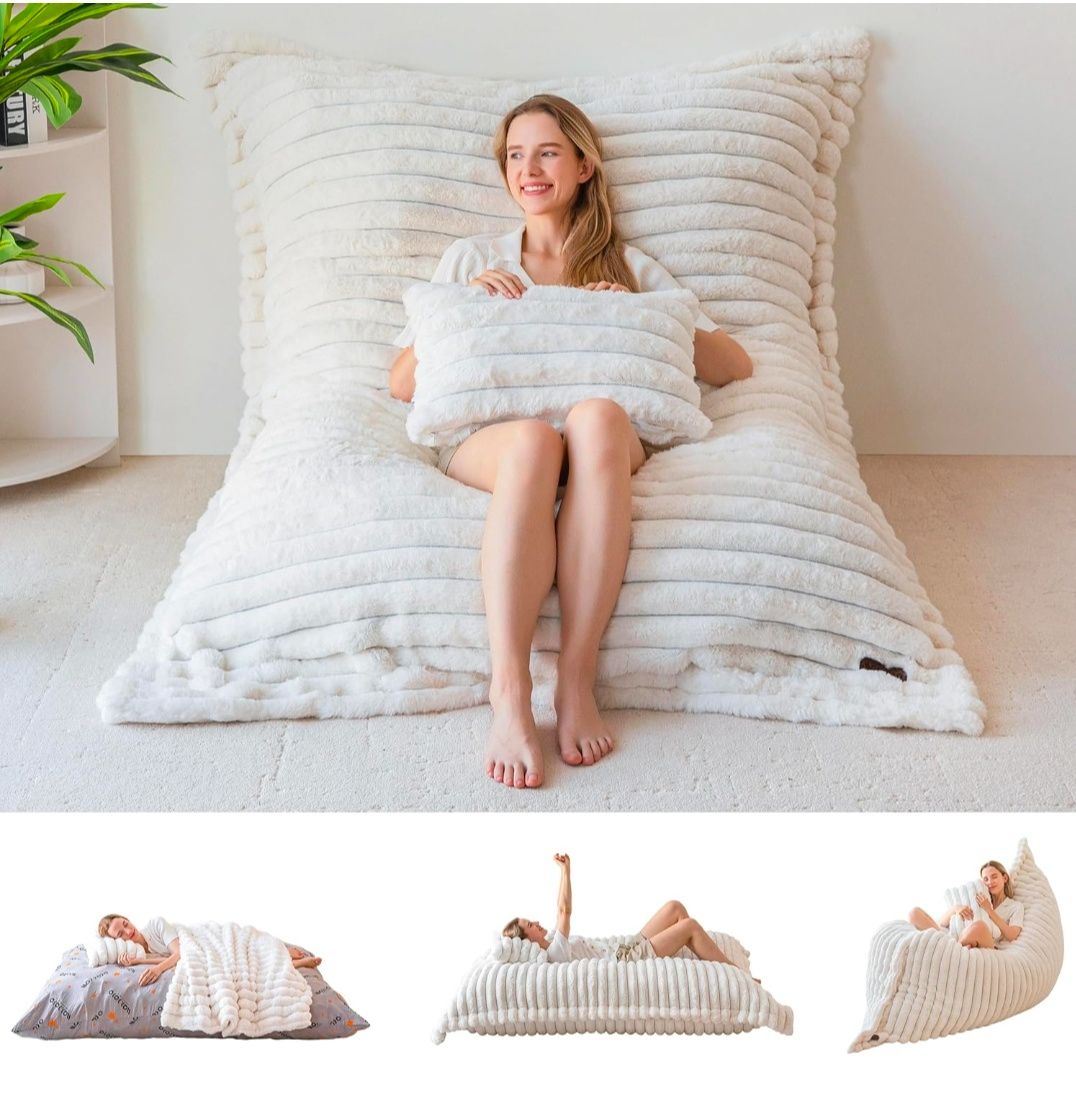 Giant Bean Bag Chair with Pillow, 3 in 1 Convertible Bean Bag Chair for Adults with Removable Cover, Floor Cushion Stuffed Floor Lounger for Living Room Bedroom