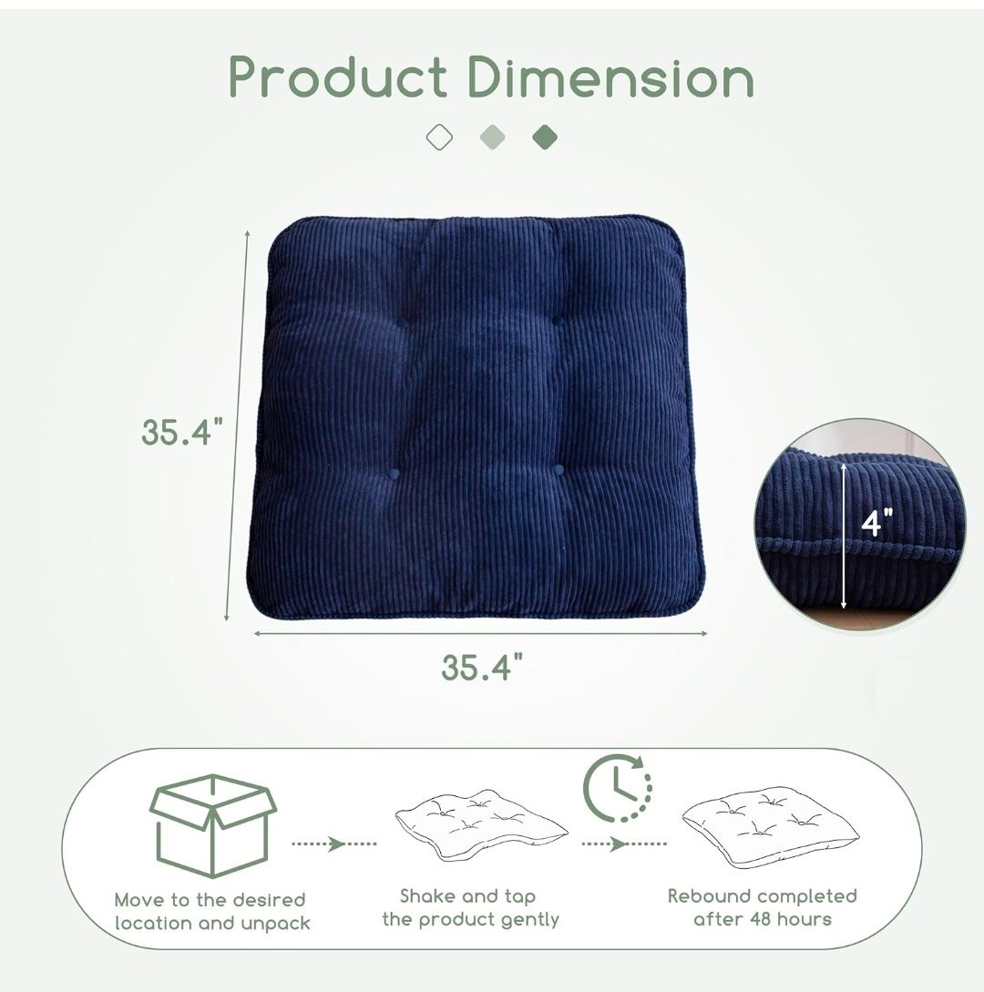 35" Washable Floor Pillow Cushion for Adults, Meditation Cushion Pillow, Extra Large Square Floor Sitting, Removable Tufted Corduroy Cover, for Tatami Living Room or Yoga, Orange, Machine Washable