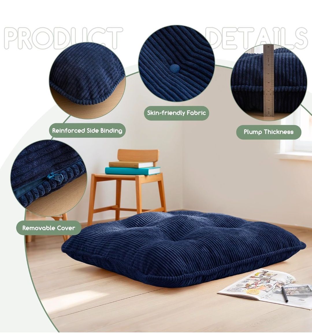 35" Washable Floor Pillow Cushion for Adults, Meditation Cushion Pillow, Extra Large Square Floor Sitting, Removable Tufted Corduroy Cover, for Tatami Living Room or Yoga, Orange, Machine Washable