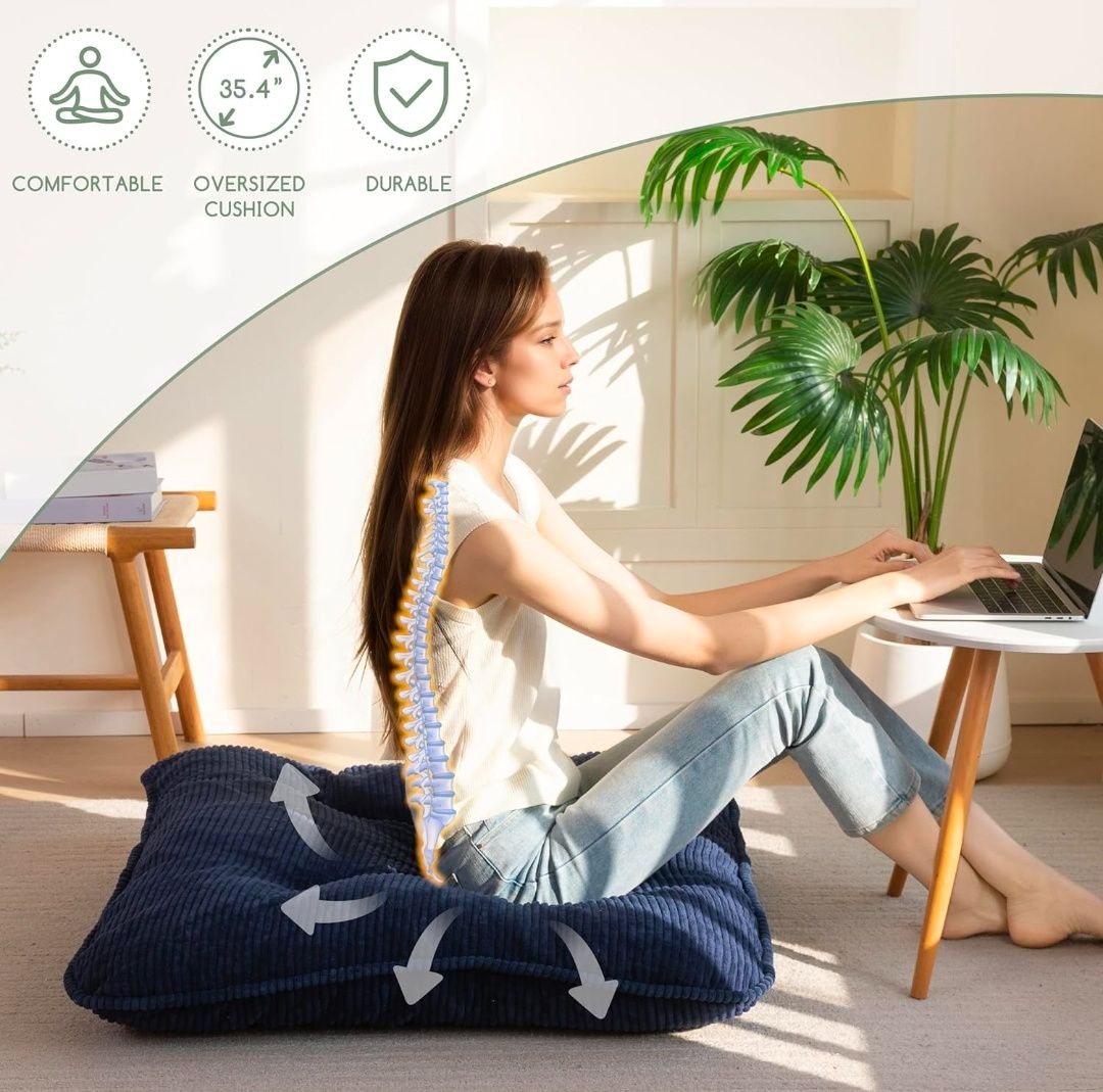 35" Washable Floor Pillow Cushion for Adults, Meditation Cushion Pillow, Extra Large Square Floor Sitting, Removable Tufted Corduroy Cover, for Tatami Living Room or Yoga, Orange, Machine Washable