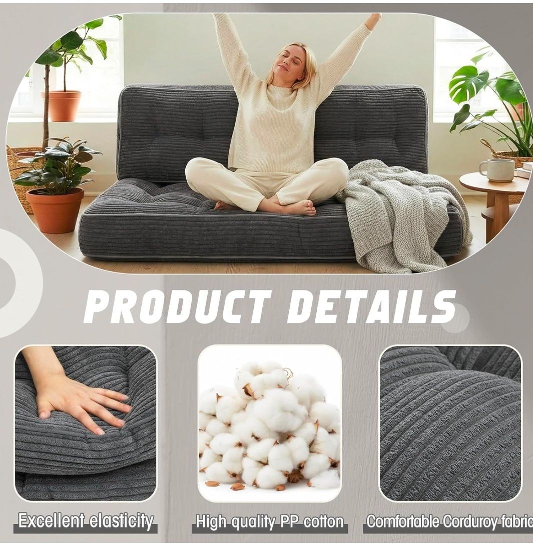 63 Inch Folding Bench Cushion, 4 Inch Thick 2-in-1 Convertible Long Floor Lounger Boneless Cushions Couch Mattress Upholstered for Yoga, Reading, Sleeping, Meditation Living Room