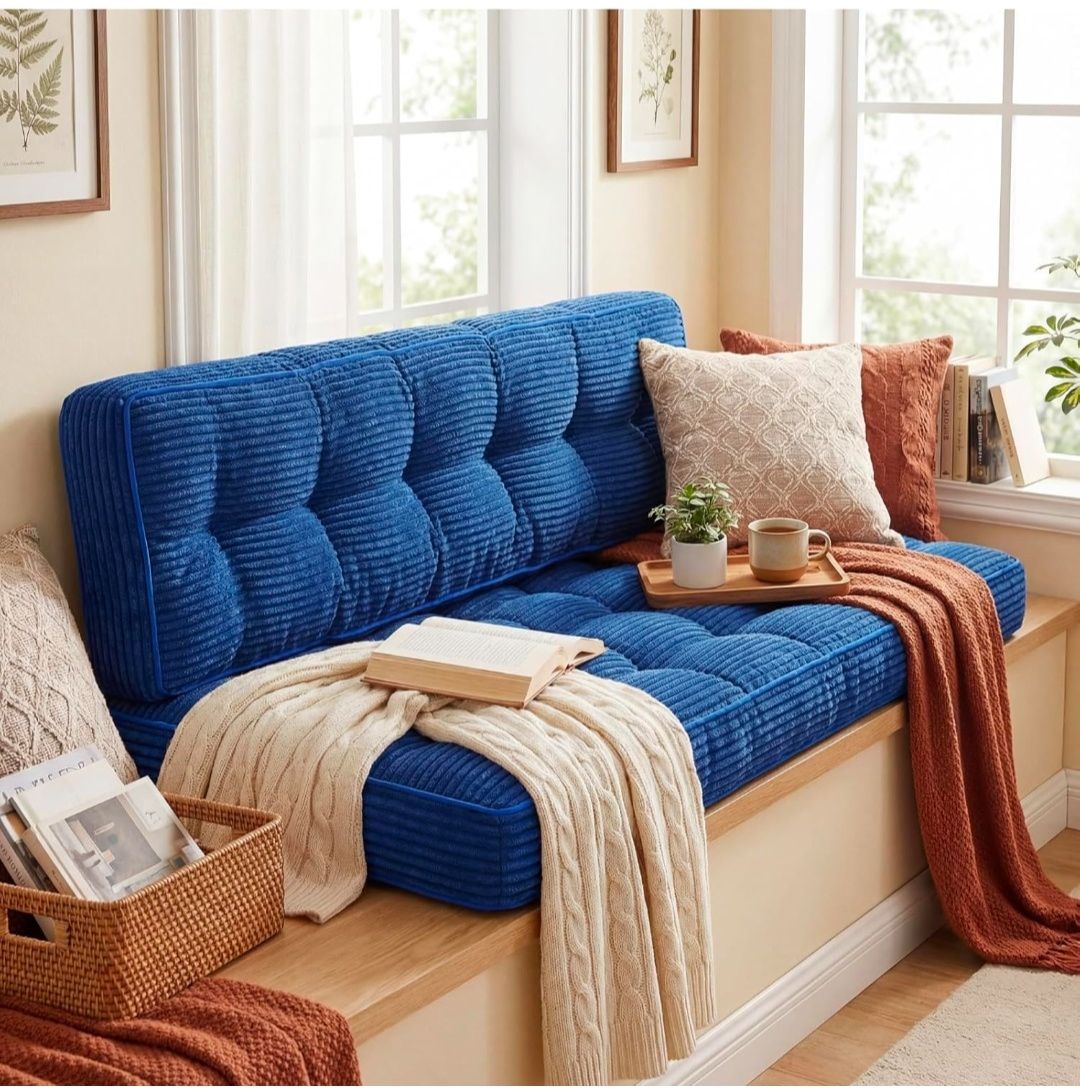 63 Inch Folding Bench Cushion, 4 Inch Thick 2-in-1 Convertible Long Floor Lounger Boneless Cushions Couch Mattress Upholstered for Yoga, Reading, Sleeping, Meditation Living Room