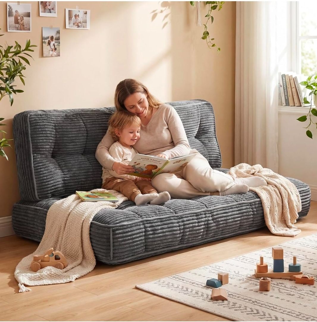 63 Inch Folding Bench Cushion, 4 Inch Thick 2-in-1 Convertible Long Floor Lounger Boneless Cushions Couch Mattress Upholstered for Yoga, Reading, Sleeping, Meditation Living Room