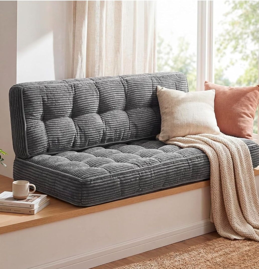 63 Inch Folding Bench Cushion, 4 Inch Thick 2-in-1 Convertible Long Floor Lounger Boneless Cushions Couch Mattress Upholstered for Yoga, Reading, Sleeping, Meditation Living Room